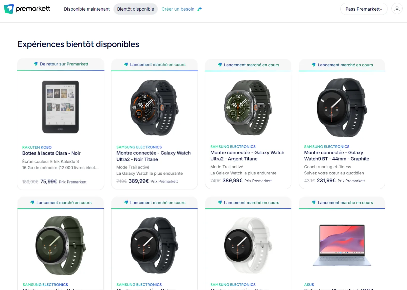 Capture d'écran Premarkett : expériences bientôt disponibles, montres connectées Samsung et liseuse Kobo