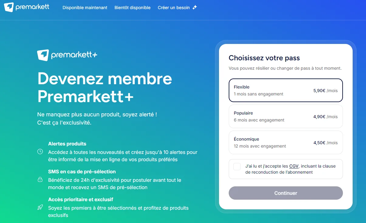 Tarifs de l'abonnement Premarkett Plus : pass Flexible, Populaire et Économique