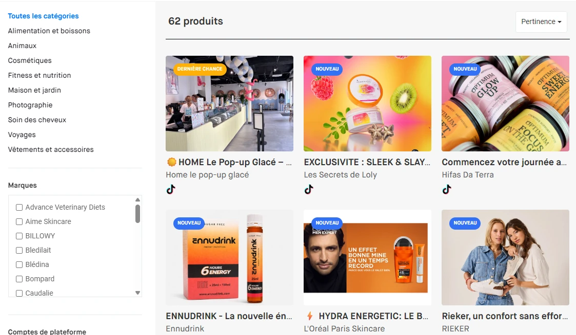 Catalogue de campagnes Skeepers avec ses différentes catégories, pas seulement beauté